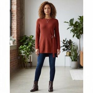 Autumnal DKNY Tunic Sweater Womens XL Rust Orange Ribbed Knit D-Ring Side Tie